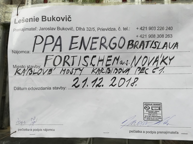 Lešenie ku káblovým mostom vo Fortischem a.s. Nováky pre PPA ENERGO s.r.o. Bratislava